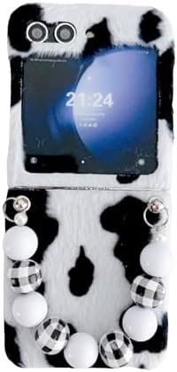 for Samsung Galaxy Z Flip 5 Case,fun Cow Pattern Design,cute Animal Imitation Skin Texture Protection Cover,plush Phone Shell with Bead Bracelet for Galaxy Z Flip 5 (with chain)