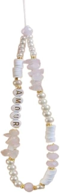 Cell Phone Lanyard Strap, Bohemia Beads Love Heart Letters Smartphone Charms Strap Beads Pearl Rope Mobile Phone Chains Phone Case Hanging Cord for Women Grils Summer Fashion Trendy, White