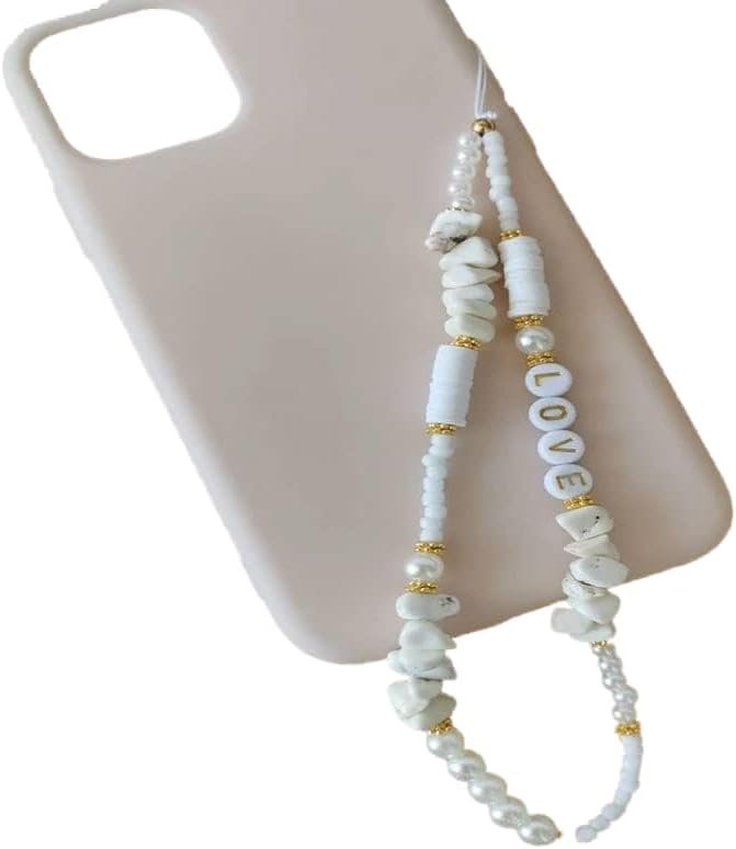 Cell Phone Lanyard Strap, Bohemia Beads Love Heart Letters Smartphone Charms Strap Beads Pearl Rope Mobile Phone Chains Phone Case Hanging Cord for Women Grils Summer Fashion Trendy, White