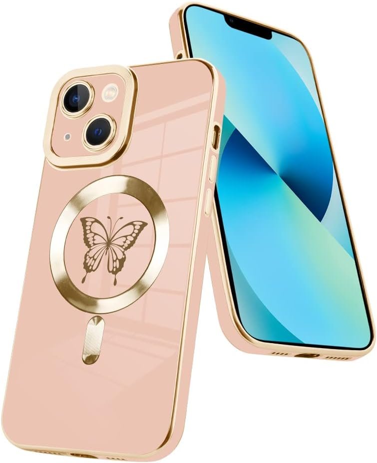 Innovatemee Magnetic Case Designed for iPhone 13 Compatible with MagSafe Wireless Charging,Cute Butterfly Phone Bumper Cover with Camera Lens Protector for Women Girls Men 6.1"- Purple