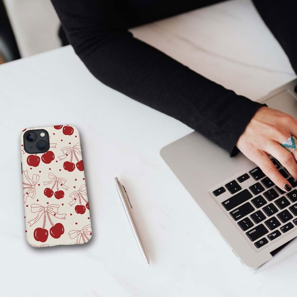 for iPhone 14 Plus Case,HH2 Red Cherry Bows Hybrid 2 Layer Hard Shell Silicone Protective Pattern Design Case