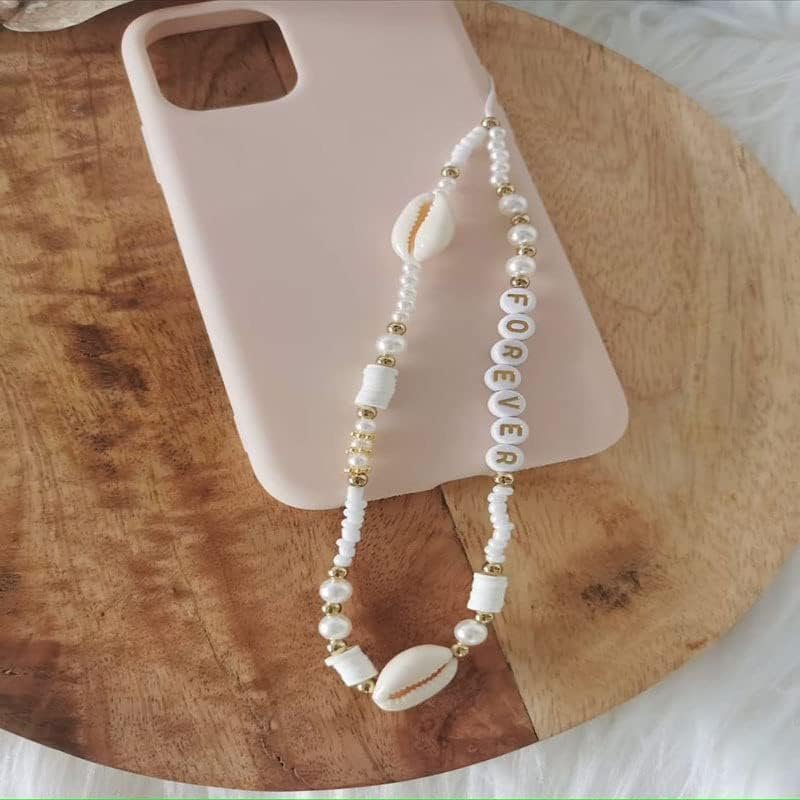 Cell Phone Lanyard Strap, Bohemia Beads Love Heart Letters Smartphone Charms Strap Beads Pearl Rope Mobile Phone Chains Phone Case Hanging Cord for Women Grils Summer Fashion Trendy, White