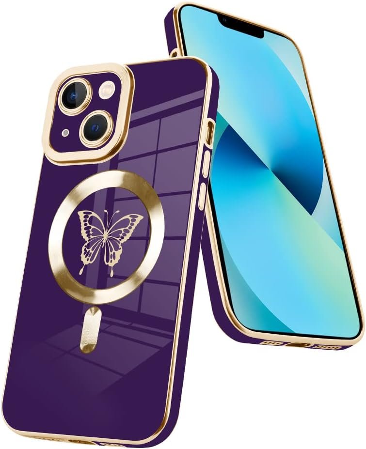 Innovatemee Magnetic Case Designed for iPhone 13 Compatible with MagSafe Wireless Charging,Cute Butterfly Phone Bumper Cover with Camera Lens Protector for Women Girls Men 6.1"- Purple