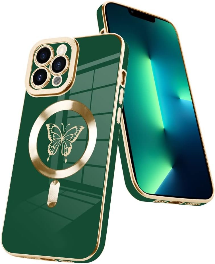 Innovatemee Magnetic Case Designed for iPhone 13 Compatible with MagSafe Wireless Charging,Cute Butterfly Phone Bumper Cover with Camera Lens Protector for Women Girls Men 6.1"- Purple