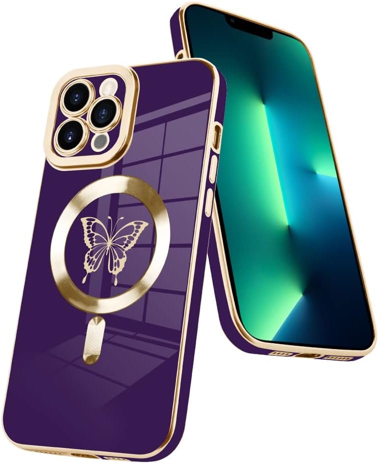 Innovatemee Magnetic Case Designed for iPhone 13 Compatible with MagSafe Wireless Charging,Cute Butterfly Phone Bumper Cover with Camera Lens Protector for Women Girls Men 6.1"- Purple
