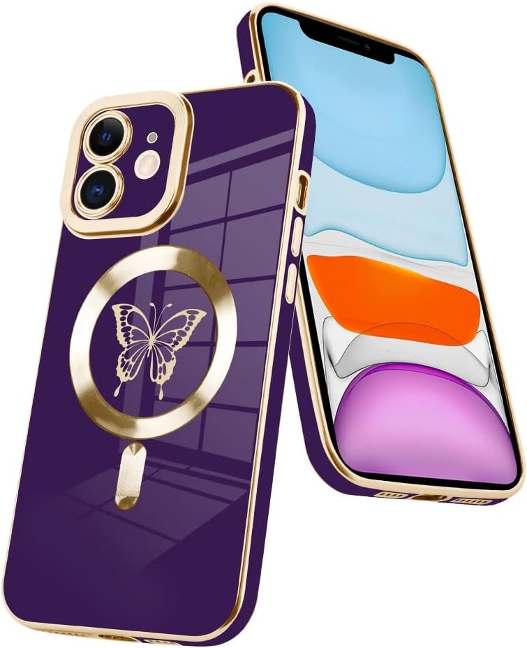 Innovatemee Magnetic Case Designed for iPhone 13 Compatible with MagSafe Wireless Charging,Cute Butterfly Phone Bumper Cover with Camera Lens Protector for Women Girls Men 6.1"- Purple