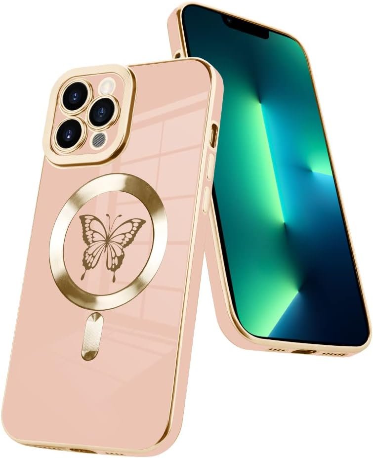 Innovatemee Magnetic Case Designed for iPhone 13 Compatible with MagSafe Wireless Charging,Cute Butterfly Phone Bumper Cover with Camera Lens Protector for Women Girls Men 6.1"- Purple
