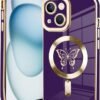 Innovatemee Magnetic Case Designed for iPhone 13 Compatible with MagSafe Wireless Charging,Cute Butterfly Phone Bumper Cover with Camera Lens Protector for Women Girls Men 6.1"- Purple