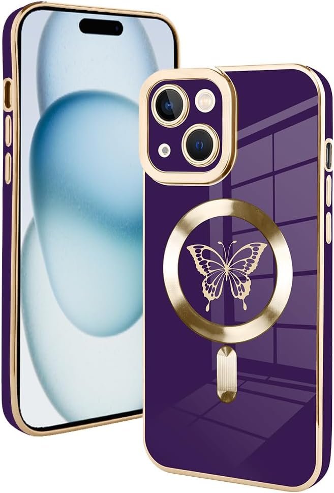 Innovatemee Magnetic Case Designed for iPhone 13 Compatible with MagSafe Wireless Charging,Cute Butterfly Phone Bumper Cover with Camera Lens Protector for Women Girls Men 6.1"- Purple