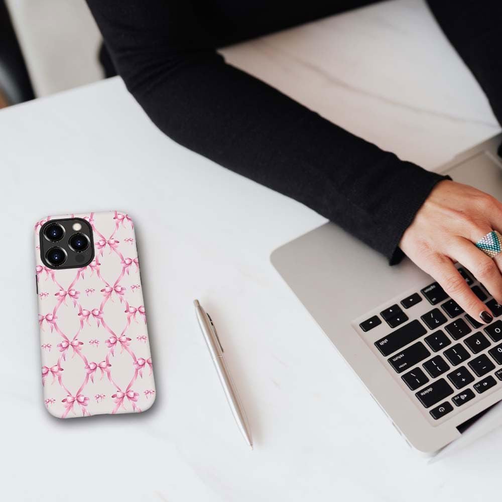 for iPhone 15 Pro Case,HH2 Pink Bow Ribbon Hybrid 2 Layer Hard Shell Silicone Protective Pattern Design Case