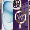 Innovatemee Magnetic Case Designed for iPhone 13 Compatible with MagSafe Wireless Charging,Cute Butterfly Phone Bumper Cover with Camera Lens Protector for Women Girls Men 6.1"- Purple