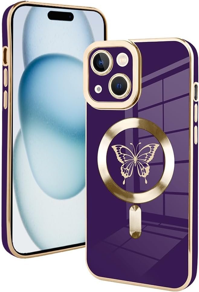 Innovatemee Magnetic Case Designed for iPhone 13 Compatible with MagSafe Wireless Charging,Cute Butterfly Phone Bumper Cover with Camera Lens Protector for Women Girls Men 6.1"- Purple