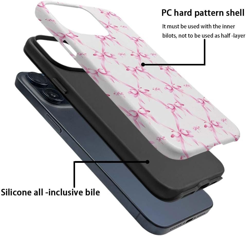 for iPhone 15 Pro Case,HH2 Pink Bow Ribbon Hybrid 2 Layer Hard Shell Silicone Protective Pattern Design Case