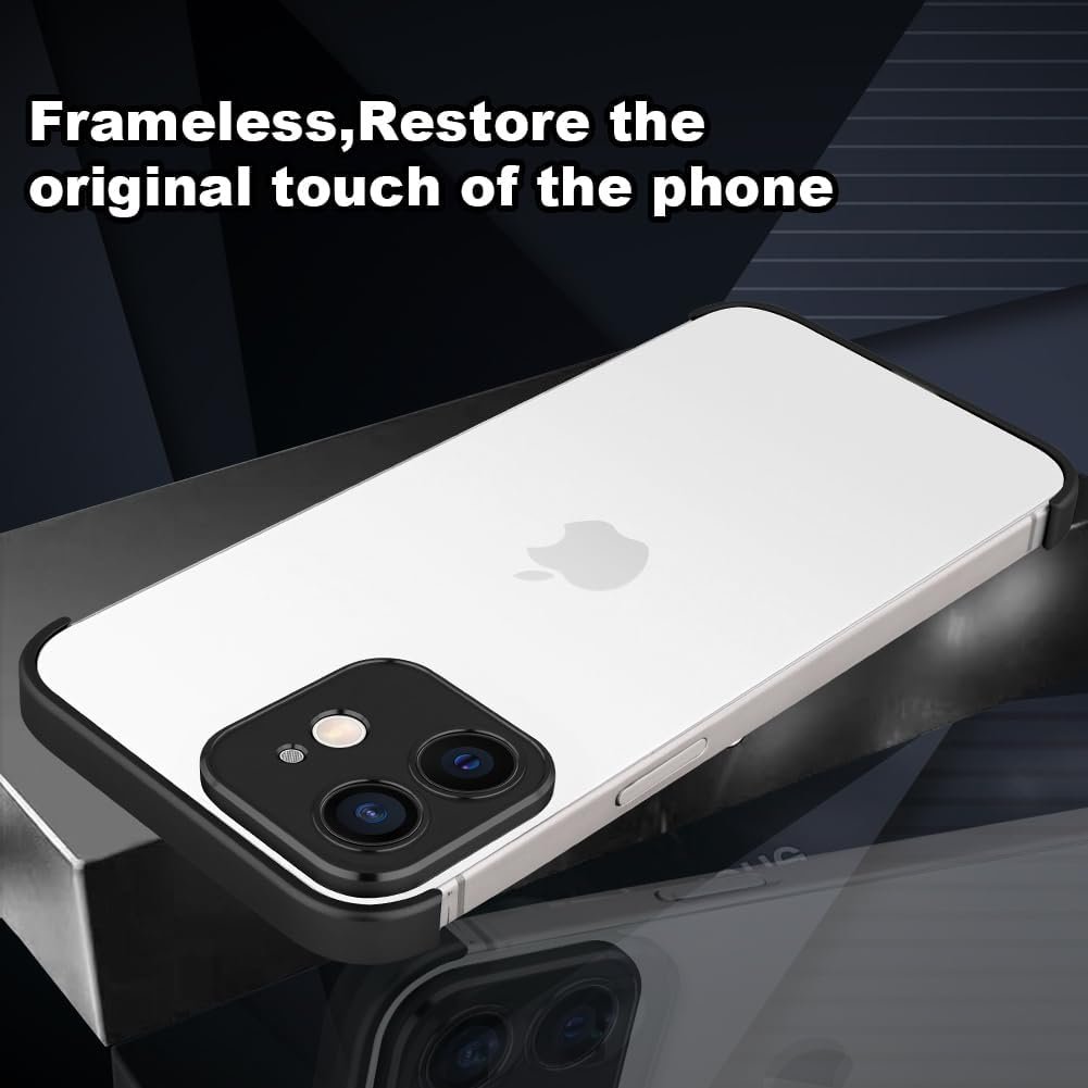 Design for Metal Frameless Phone Case Compatible with iPhone 12 Phone Models with Camera Lens Protector, Metal Shockproof Phone Cover, Minimalist Yet Protective Bumper Shell (Black Metal)