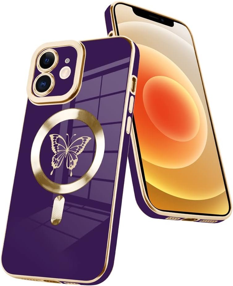 Innovatemee Magnetic Case Designed for iPhone 13 Compatible with MagSafe Wireless Charging,Cute Butterfly Phone Bumper Cover with Camera Lens Protector for Women Girls Men 6.1"- Purple
