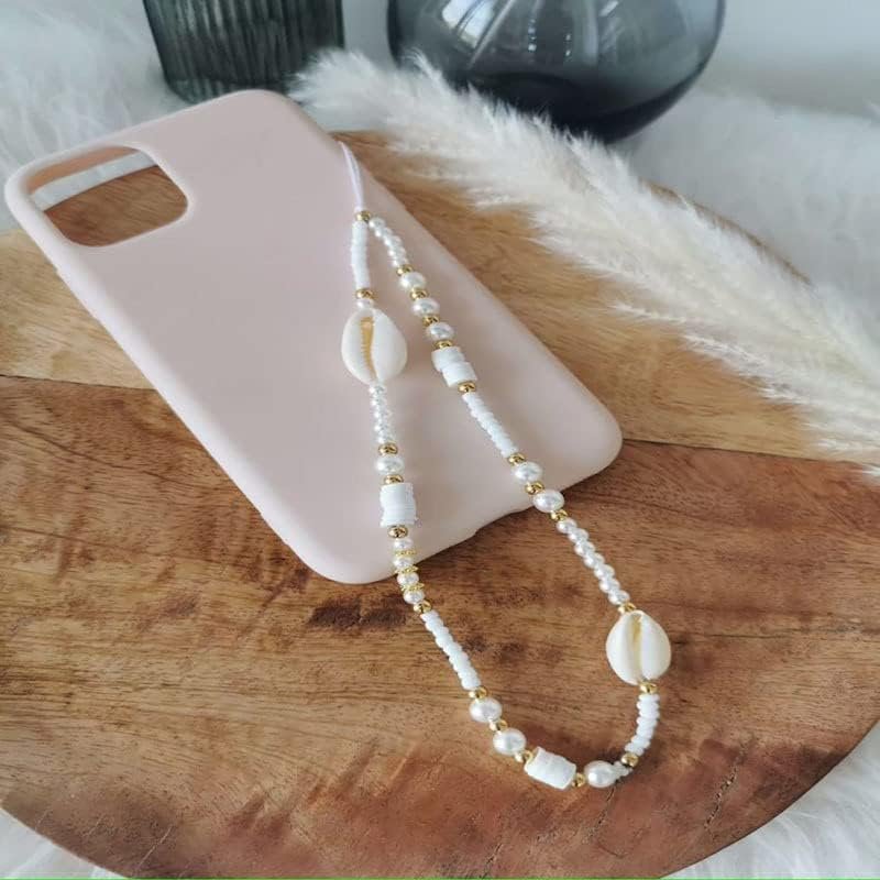 Cell Phone Lanyard Strap, Bohemia Beads Love Heart Letters Smartphone Charms Strap Beads Pearl Rope Mobile Phone Chains Phone Case Hanging Cord for Women Grils Summer Fashion Trendy, White