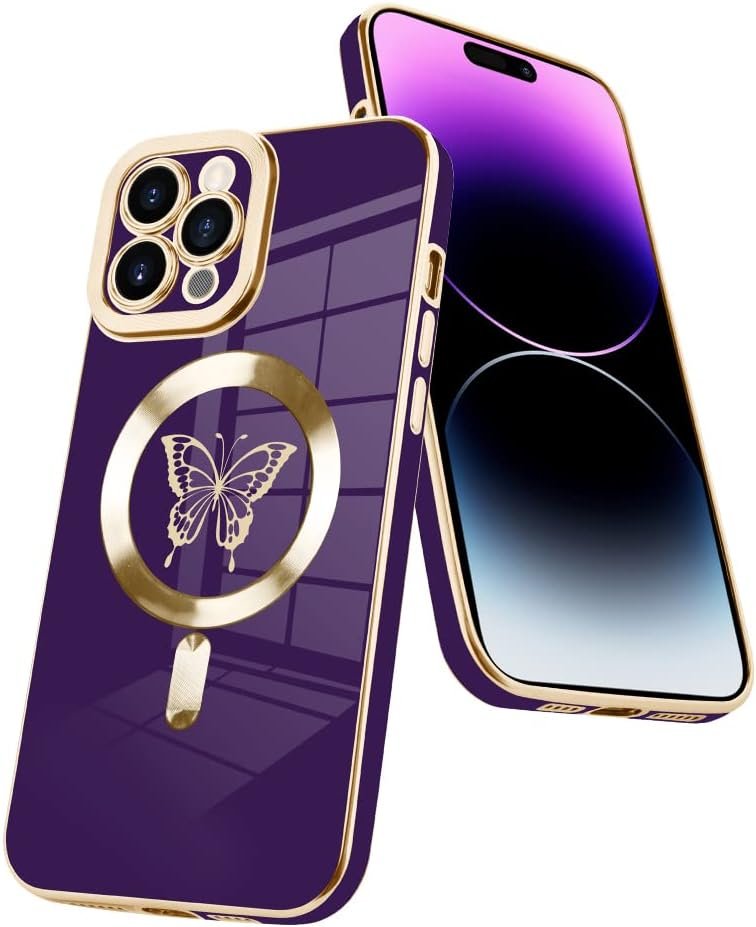 Innovatemee Magnetic Case Designed for iPhone 13 Compatible with MagSafe Wireless Charging,Cute Butterfly Phone Bumper Cover with Camera Lens Protector for Women Girls Men 6.1"- Purple