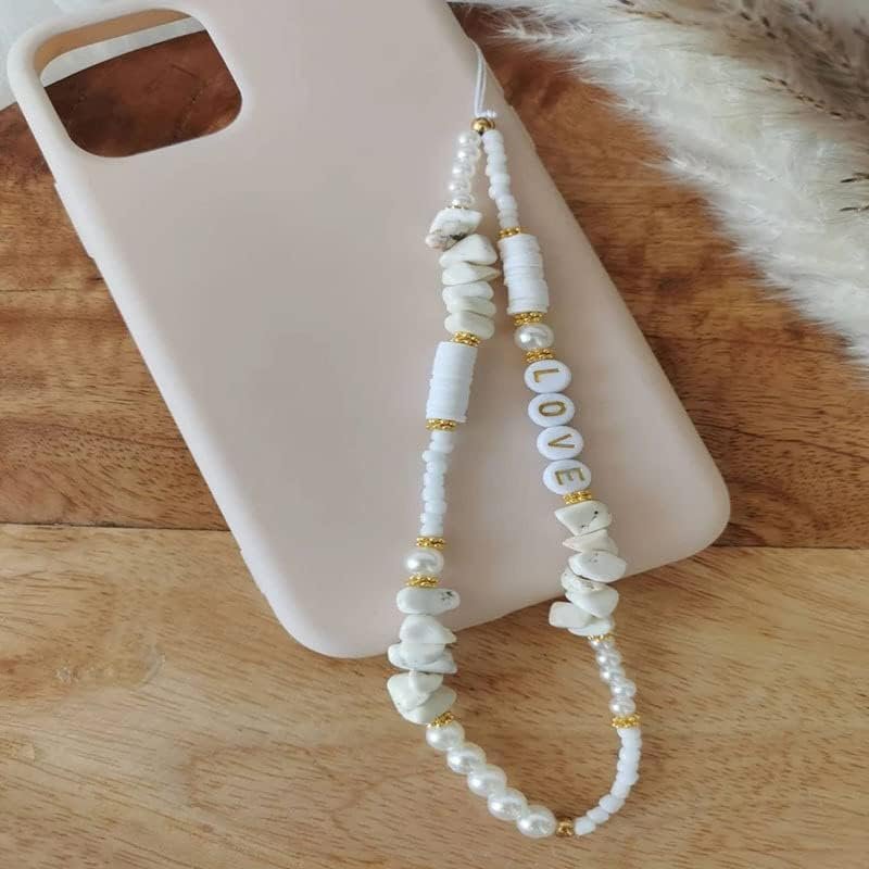 Cell Phone Lanyard Strap, Bohemia Beads Love Heart Letters Smartphone Charms Strap Beads Pearl Rope Mobile Phone Chains Phone Case Hanging Cord for Women Grils Summer Fashion Trendy, White