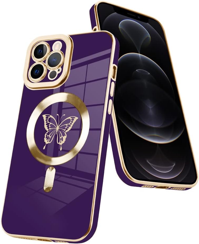 Innovatemee Magnetic Case Designed for iPhone 13 Compatible with MagSafe Wireless Charging,Cute Butterfly Phone Bumper Cover with Camera Lens Protector for Women Girls Men 6.1"- Purple