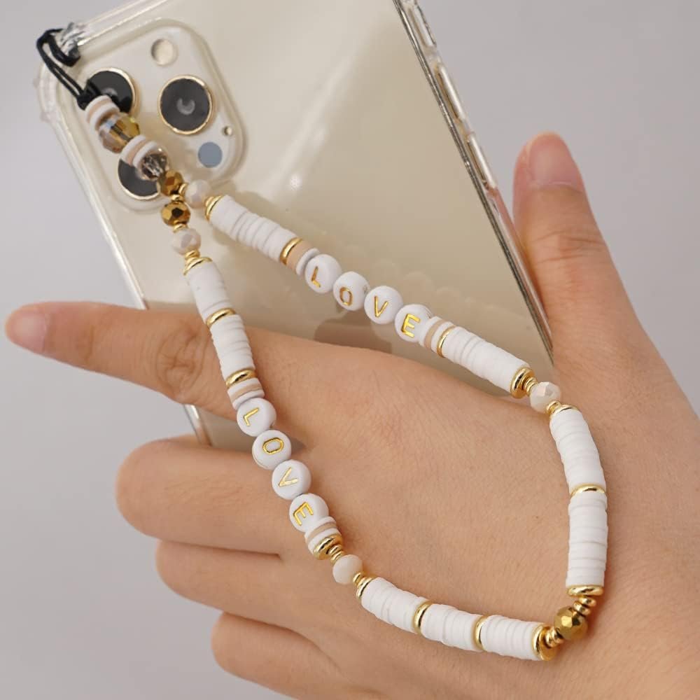 Cell Phone Lanyard Strap, Bohemia Beads Love Heart Letters Smartphone Charms Strap Beads Pearl Rope Mobile Phone Chains Phone Case Hanging Cord for Women Grils Summer Fashion Trendy, White