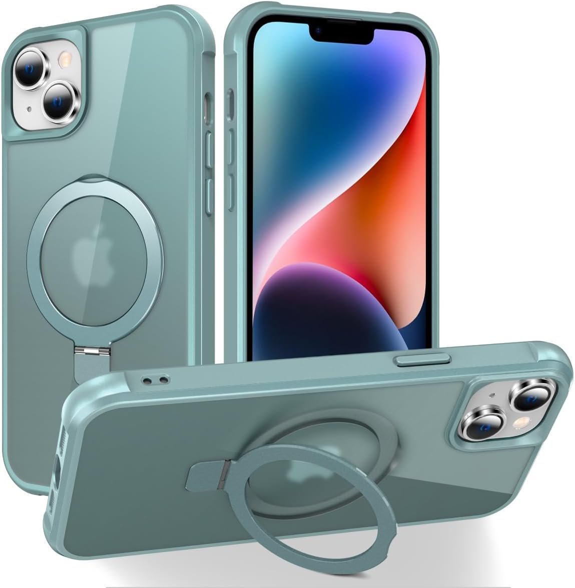 Magnetic Compatible with iPhone 14 Case with Stand [Military Grade Drop Tested][Compatible with Magnet] Ring Translucent Slim Hard Back Soft Edge, Rose Red