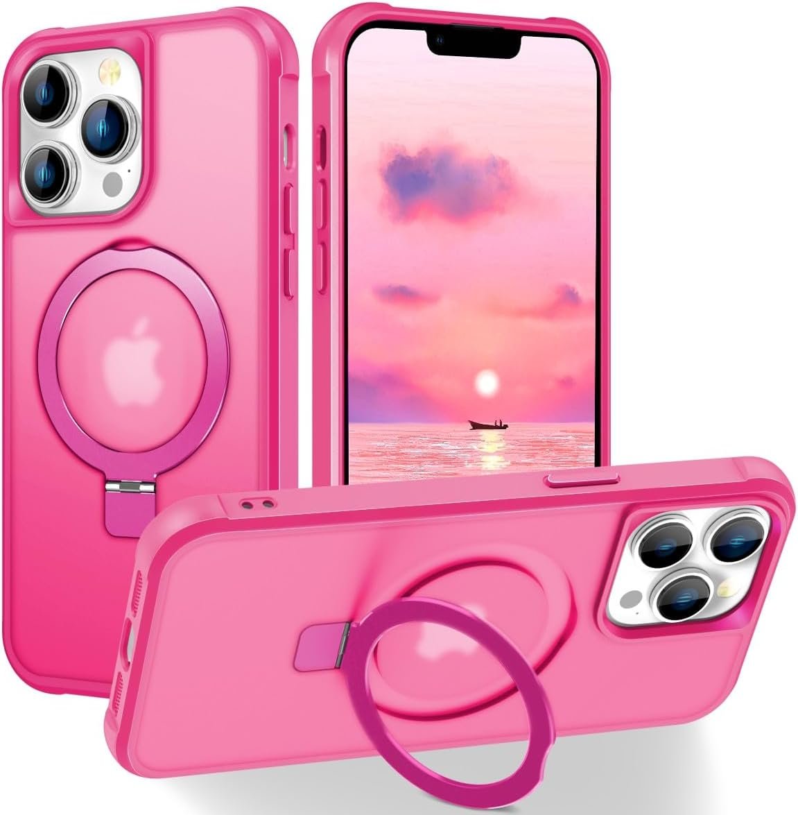Magnetic Compatible with iPhone 14 Case with Stand [Military Grade Drop Tested][Compatible with Magnet] Ring Translucent Slim Hard Back Soft Edge, Rose Red
