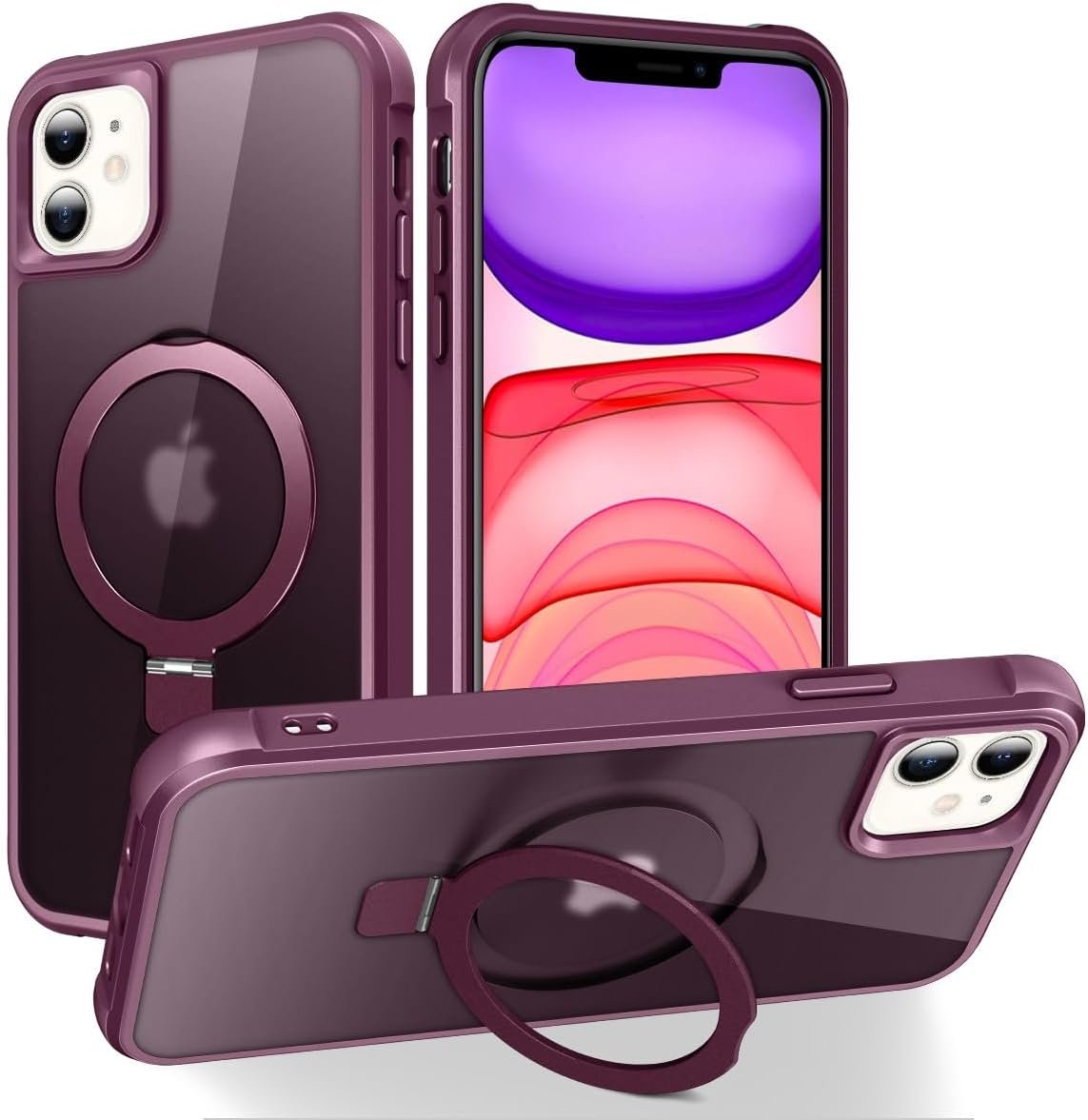 Magnetic Compatible with iPhone 14 Case with Stand [Military Grade Drop Tested][Compatible with Magnet] Ring Translucent Slim Hard Back Soft Edge, Rose Red