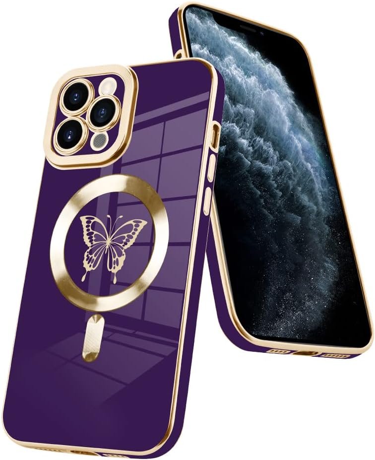 Innovatemee Magnetic Case Designed for iPhone 13 Compatible with MagSafe Wireless Charging,Cute Butterfly Phone Bumper Cover with Camera Lens Protector for Women Girls Men 6.1"- Purple