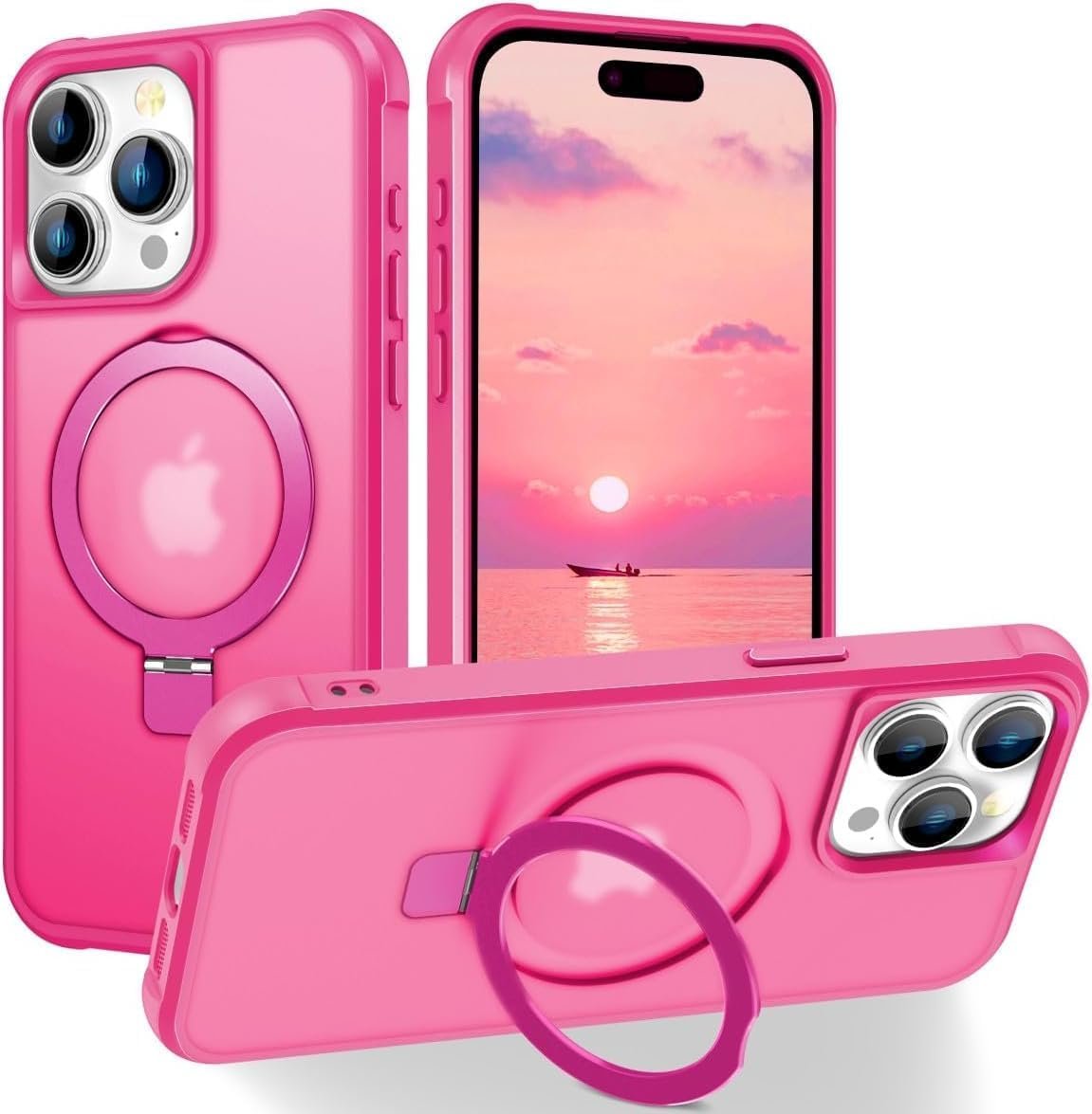 Magnetic Compatible with iPhone 14 Case with Stand [Military Grade Drop Tested][Compatible with Magnet] Ring Translucent Slim Hard Back Soft Edge, Rose Red
