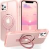Magnetic Compatible with iPhone 14 Case with Stand [Military Grade Drop Tested][Compatible with Magnet] Ring Translucent Slim Hard Back Soft Edge, Rose Red