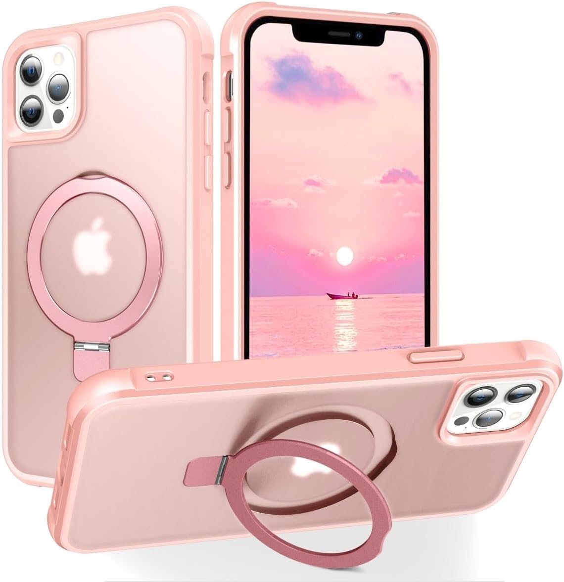 Magnetic Compatible with iPhone 14 Case with Stand [Military Grade Drop Tested][Compatible with Magnet] Ring Translucent Slim Hard Back Soft Edge, Rose Red