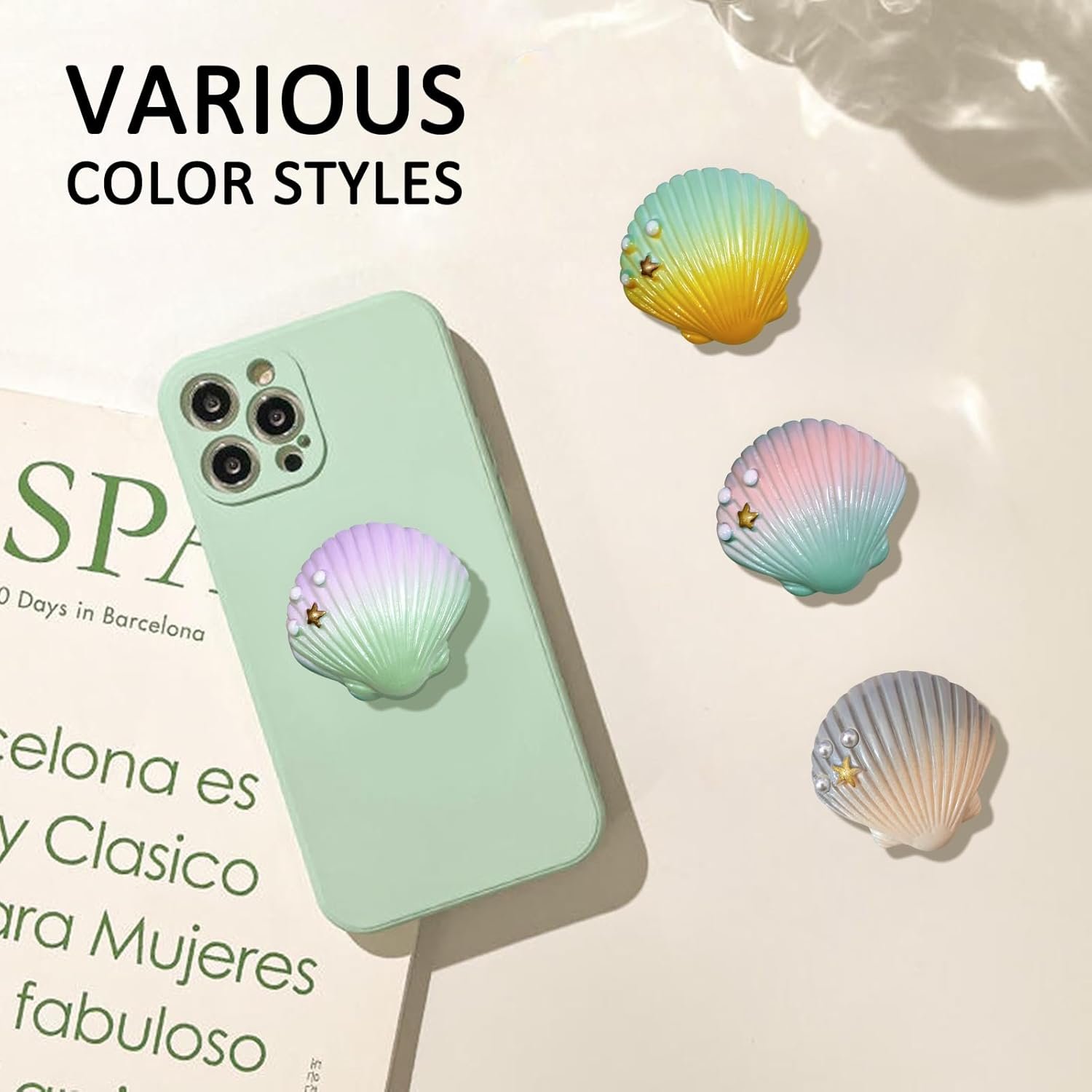 Cute Purple Green Shell Shape Collapsible Expandable Cellphone Stand Multi Functional Mobile Phone Grip & Kicktand