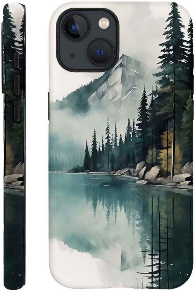 Case Compatible with for iPhone 13,Forest Lake Mountain Watercolor Phone Case Hybrid 2-Layer Hard Shell,Shockproof Soft for Girl Women Boy Men,Case for iPhone 13