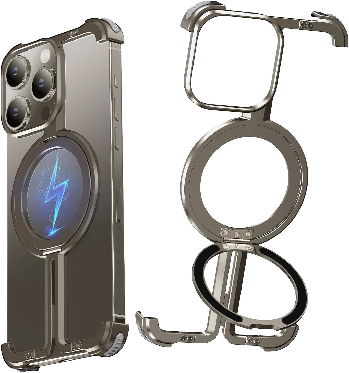 for iPhone Frameless Case with Magsafe, Magnetic Shockproof [Aerospace Grade Protection] Anti-Scratch Anti-Fingerprint Aluminum Shells with Built-in Kickstand (Natural Titanium, 15 pro max)