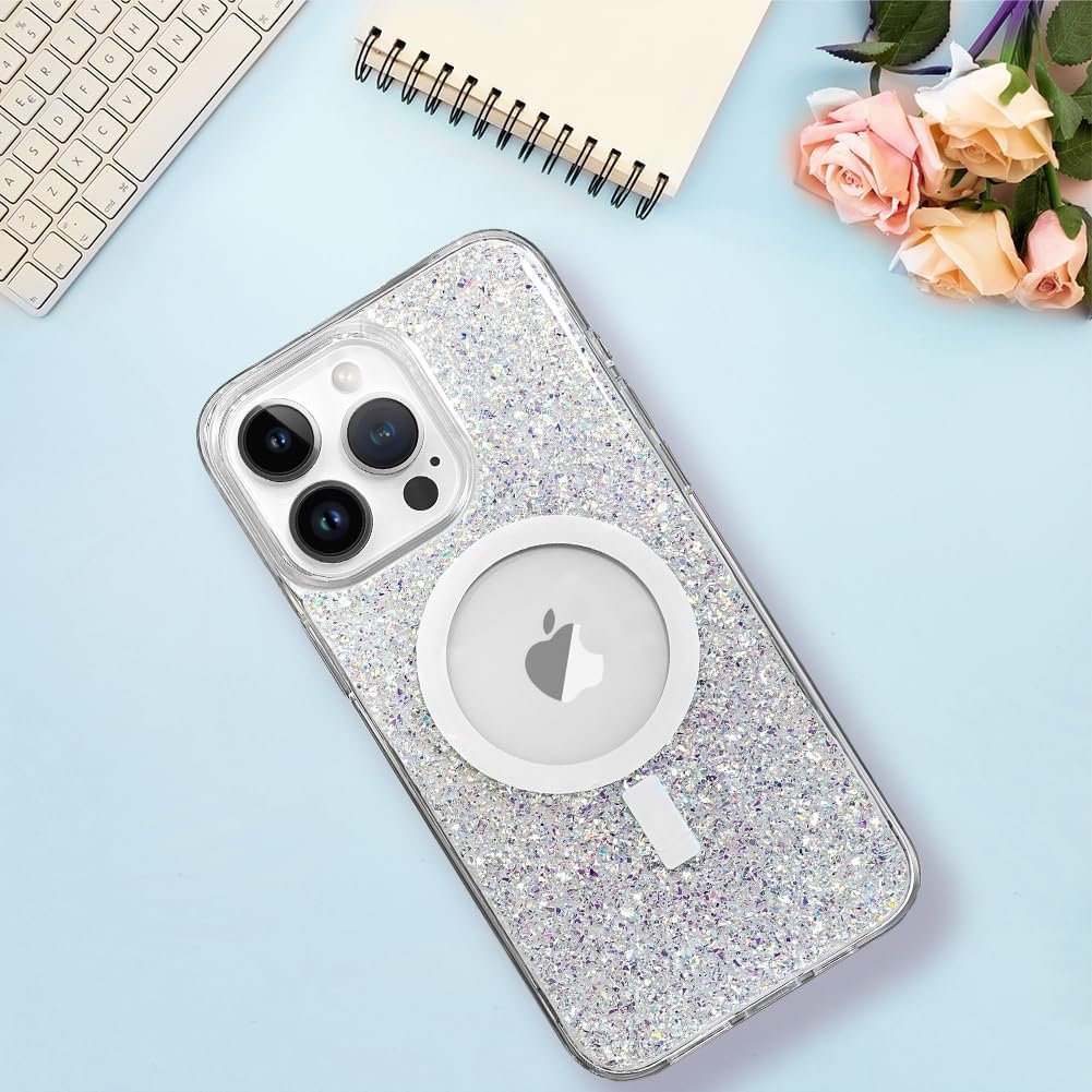 for iPhone 14 Pro Max Case, Sparkly Glitter Bling Back, Magnetic Support for Shockproof Case, Crystal and Clear High-Duty Protection for iPhone 14 Pro Max Case -Glitter Crystal