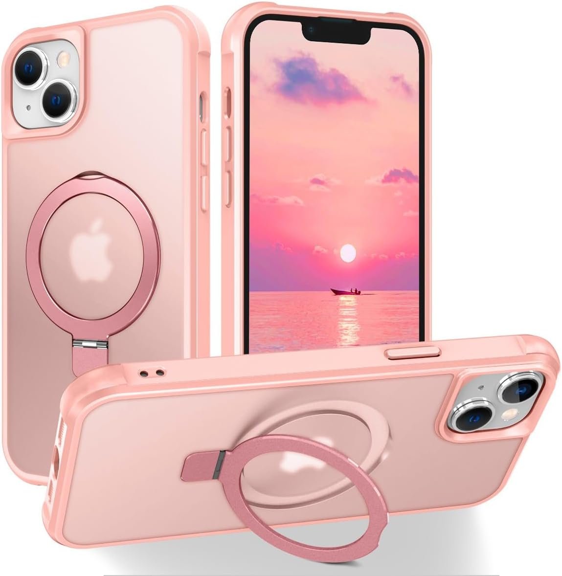 Magnetic Compatible with iPhone 14 Case with Stand [Military Grade Drop Tested][Compatible with Magnet] Ring Translucent Slim Hard Back Soft Edge, Rose Red