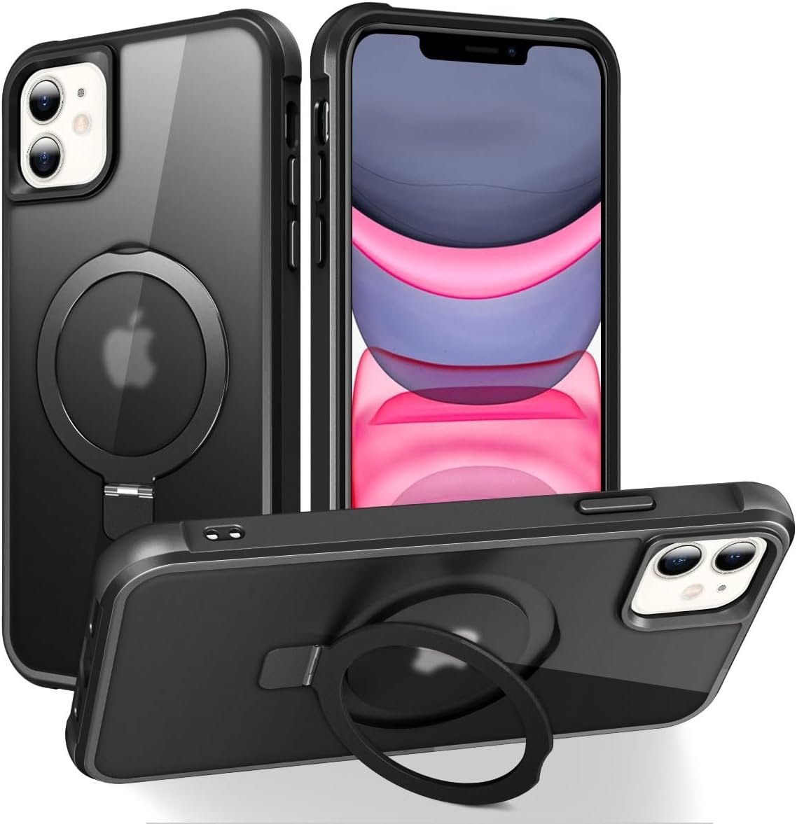 Magnetic Compatible with iPhone 14 Case with Stand [Military Grade Drop Tested][Compatible with Magnet] Ring Translucent Slim Hard Back Soft Edge, Rose Red