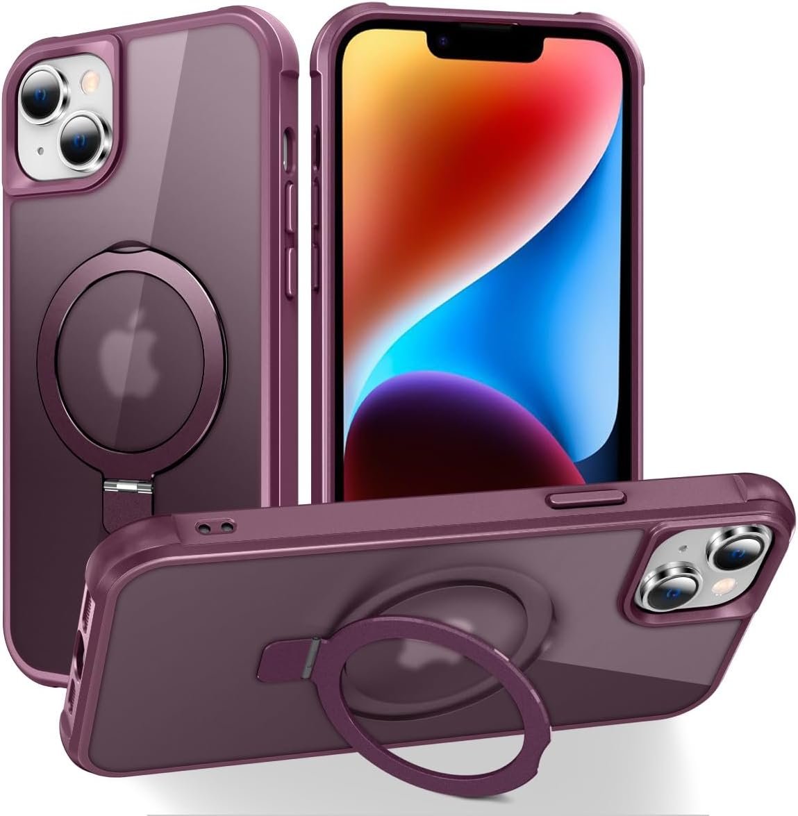 Magnetic Compatible with iPhone 14 Case with Stand [Military Grade Drop Tested][Compatible with Magnet] Ring Translucent Slim Hard Back Soft Edge, Rose Red