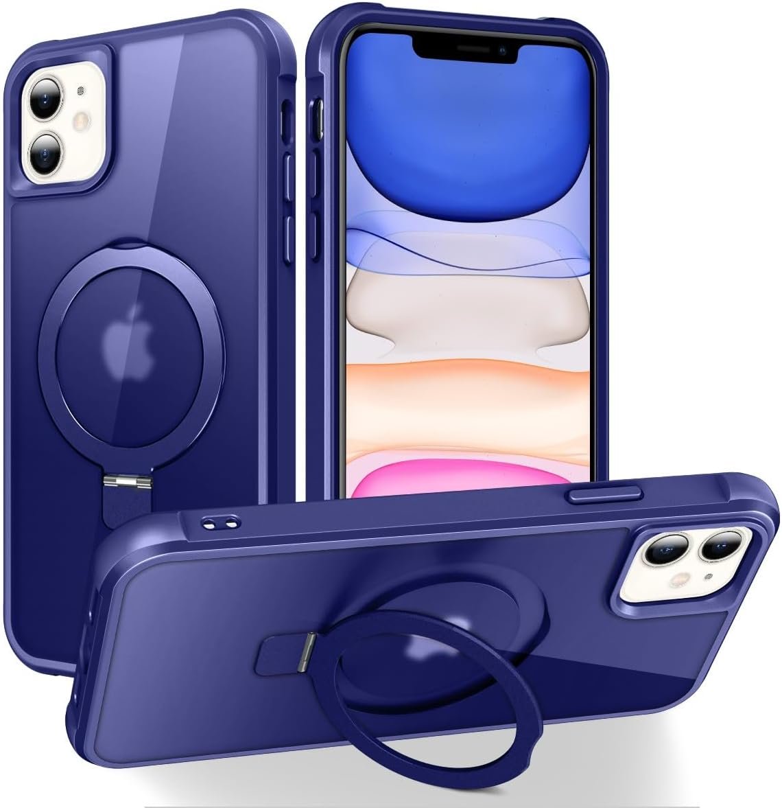 Magnetic Compatible with iPhone 14 Case with Stand [Military Grade Drop Tested][Compatible with Magnet] Ring Translucent Slim Hard Back Soft Edge, Rose Red