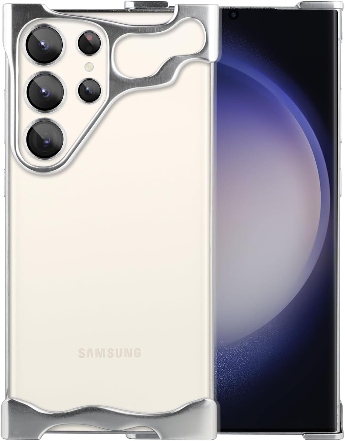 Frameles Phone Case for Samsung Galaxy S24 Plus Phone Case Minimalist Protective Shock Absorption Aerospace Grade Aluminum Shells + Elastomer Inlays Easy Fit (Aluminum Polished Silver)