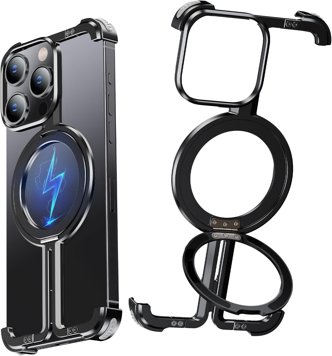 for iPhone Frameless Case with Magsafe, Magnetic Shockproof [Aerospace Grade Protection] Anti-Scratch Anti-Fingerprint Aluminum Shells with Built-in Kickstand (Natural Titanium, 15 pro max)