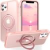 Magnetic Compatible with iPhone 14 Case with Stand [Military Grade Drop Tested][Compatible with Magnet] Ring Translucent Slim Hard Back Soft Edge, Rose Red