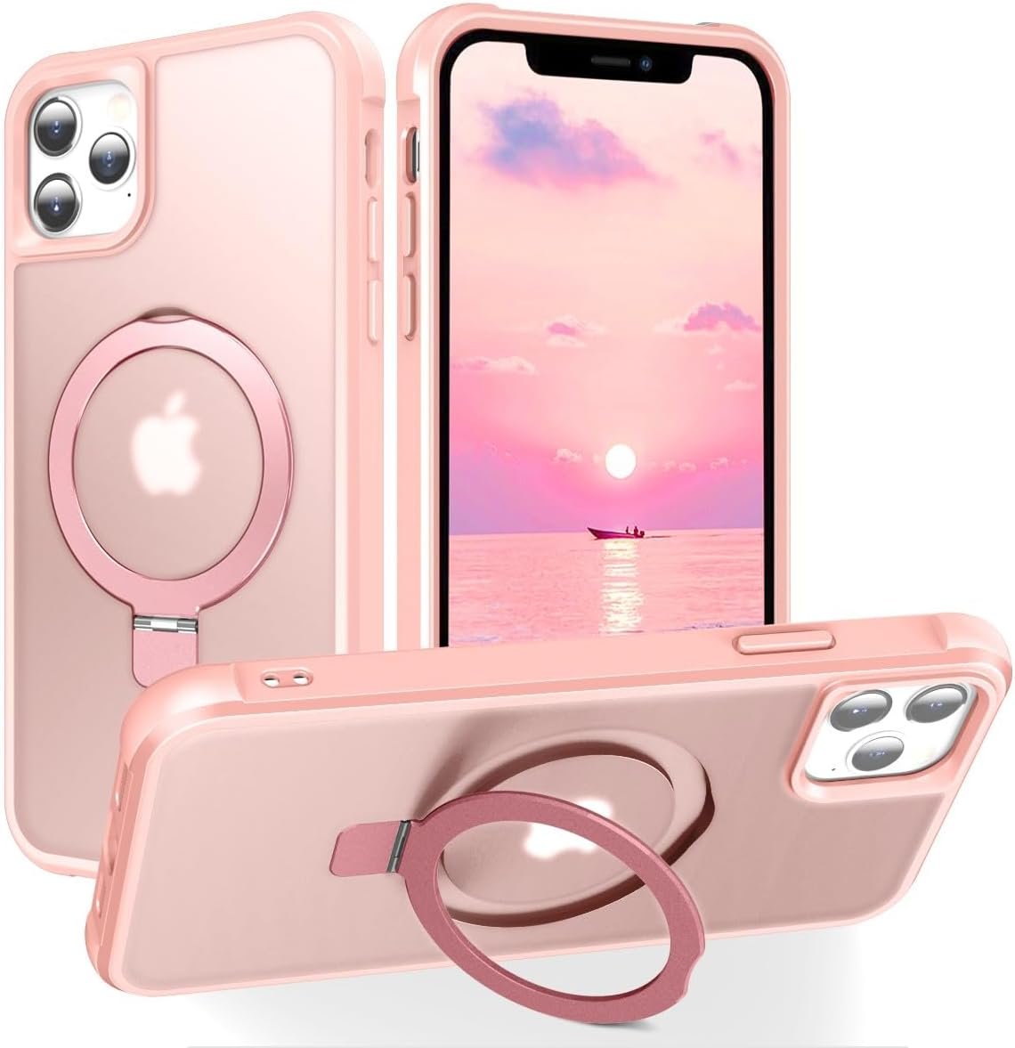 Magnetic Compatible with iPhone 14 Case with Stand [Military Grade Drop Tested][Compatible with Magnet] Ring Translucent Slim Hard Back Soft Edge, Rose Red