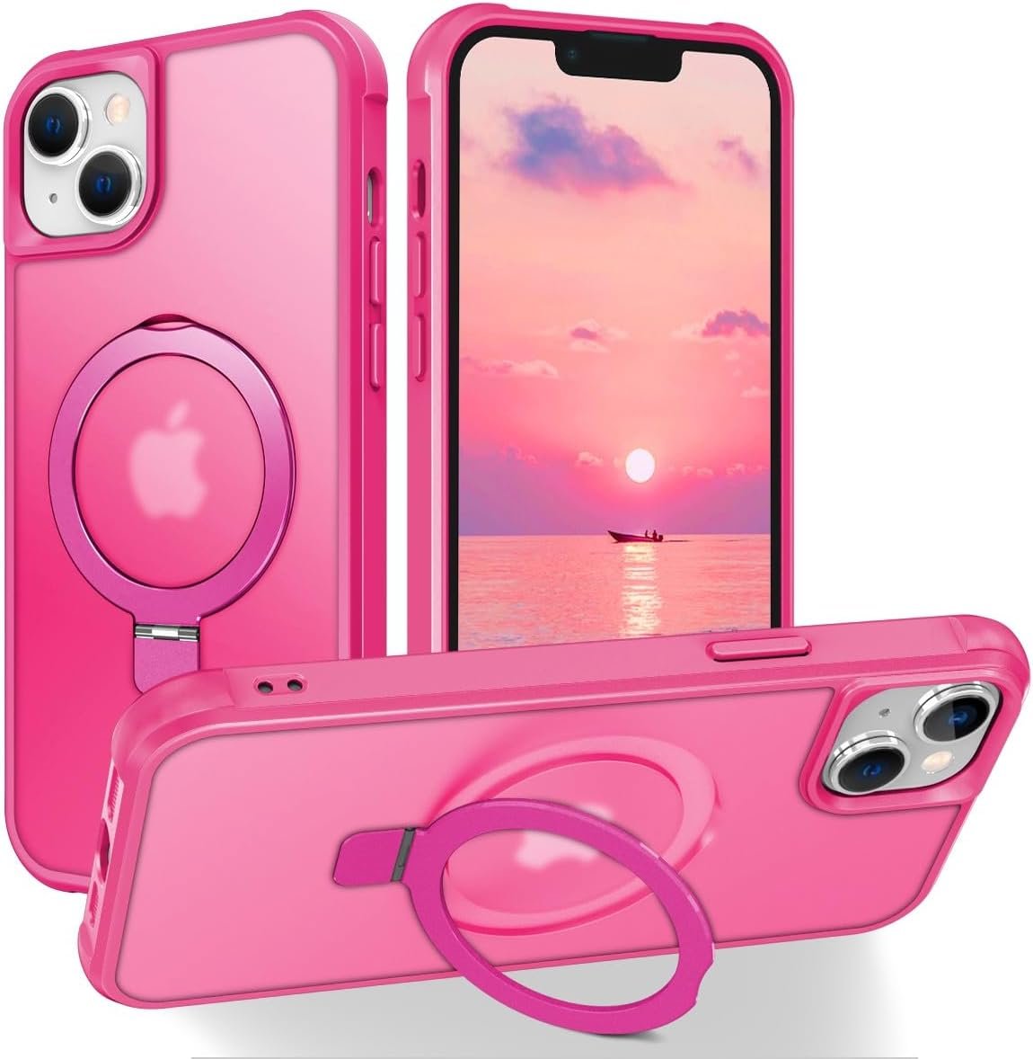 Magnetic Compatible with iPhone 14 Case with Stand [Military Grade Drop Tested][Compatible with Magnet] Ring Translucent Slim Hard Back Soft Edge, Rose Red