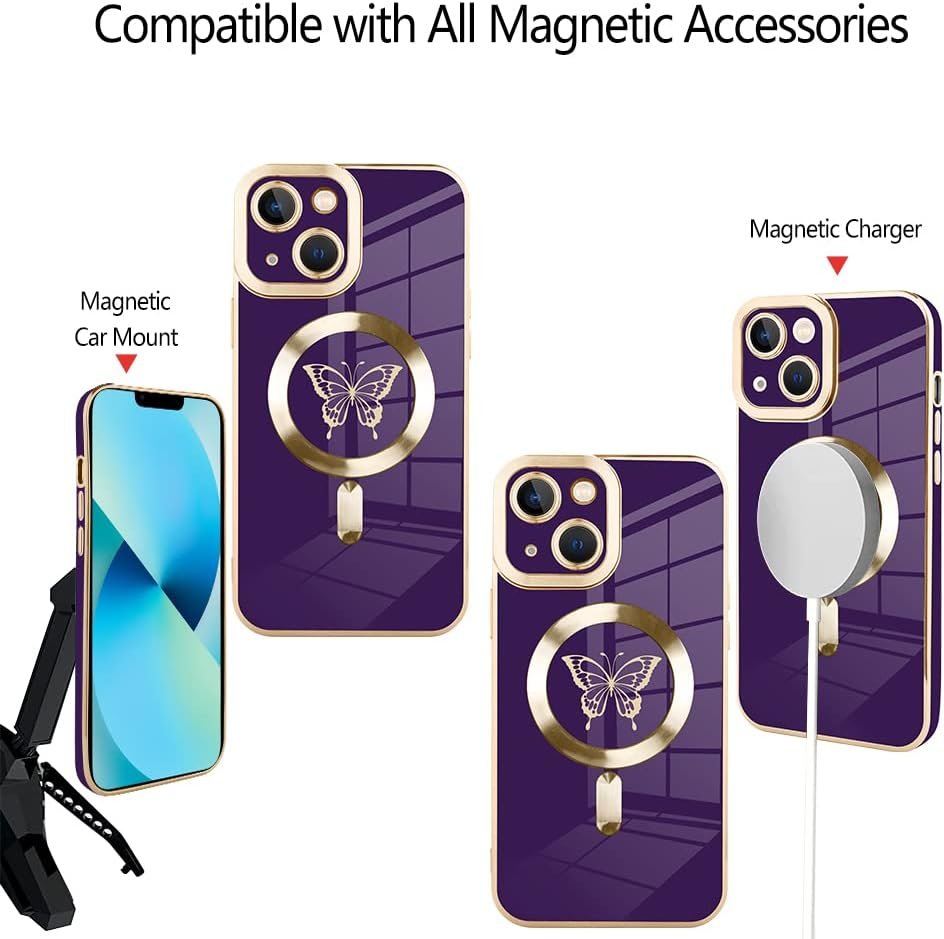 Innovatemee Magnetic Case Designed for iPhone 13 Compatible with MagSafe Wireless Charging,Cute Butterfly Phone Bumper Cover with Camera Lens Protector for Women Girls Men 6.1"- Purple
