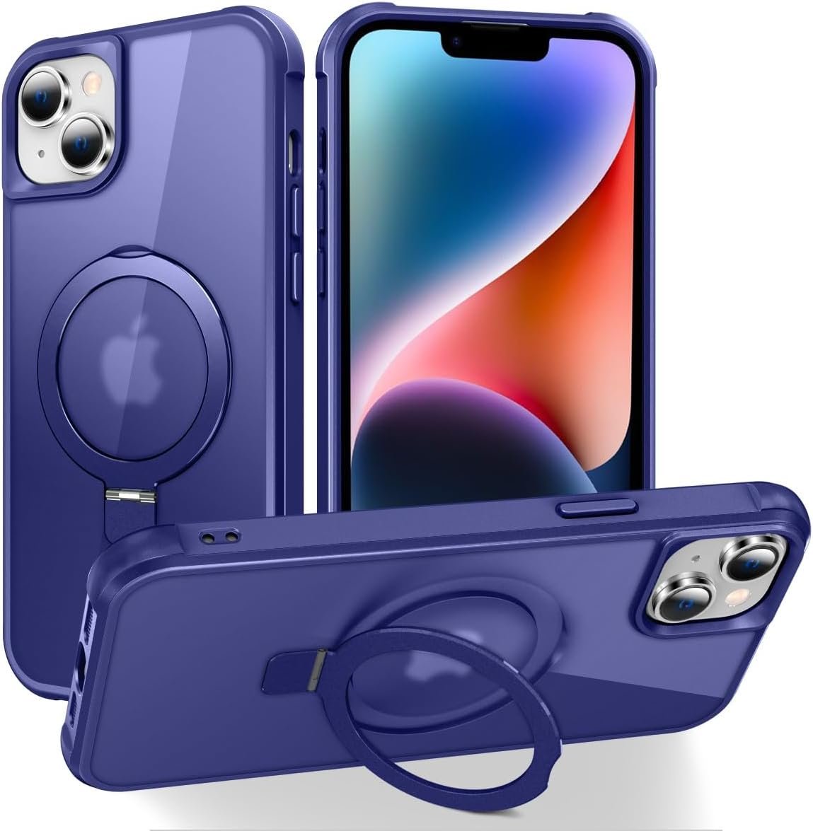 Magnetic Compatible with iPhone 14 Case with Stand [Military Grade Drop Tested][Compatible with Magnet] Ring Translucent Slim Hard Back Soft Edge, Rose Red