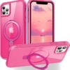 Magnetic Compatible with iPhone 14 Case with Stand [Military Grade Drop Tested][Compatible with Magnet] Ring Translucent Slim Hard Back Soft Edge, Rose Red