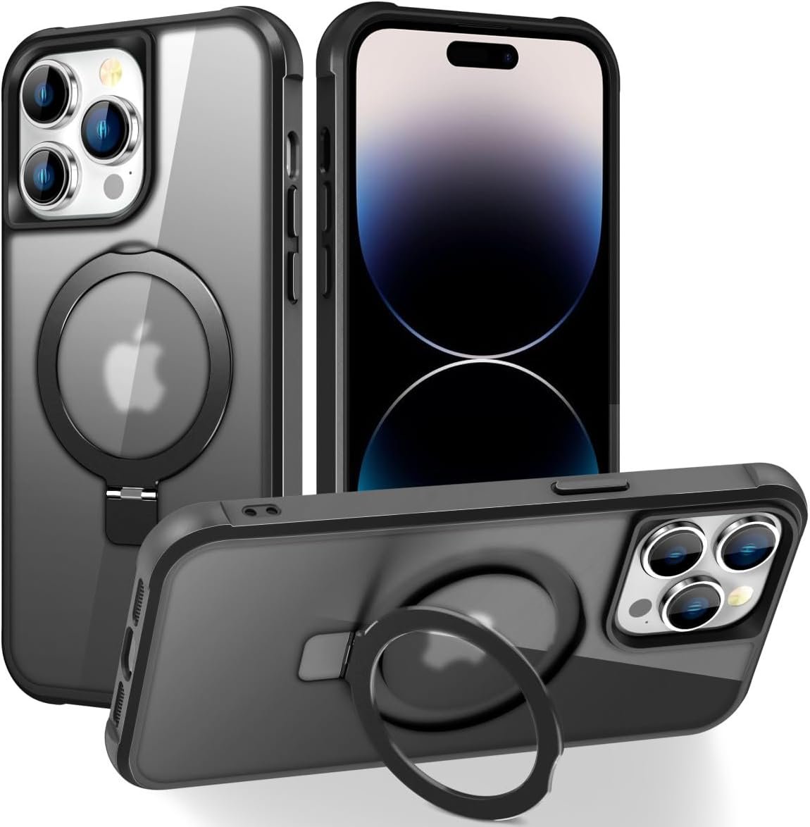 Magnetic Compatible with iPhone 14 Case with Stand [Military Grade Drop Tested][Compatible with Magnet] Ring Translucent Slim Hard Back Soft Edge, Rose Red