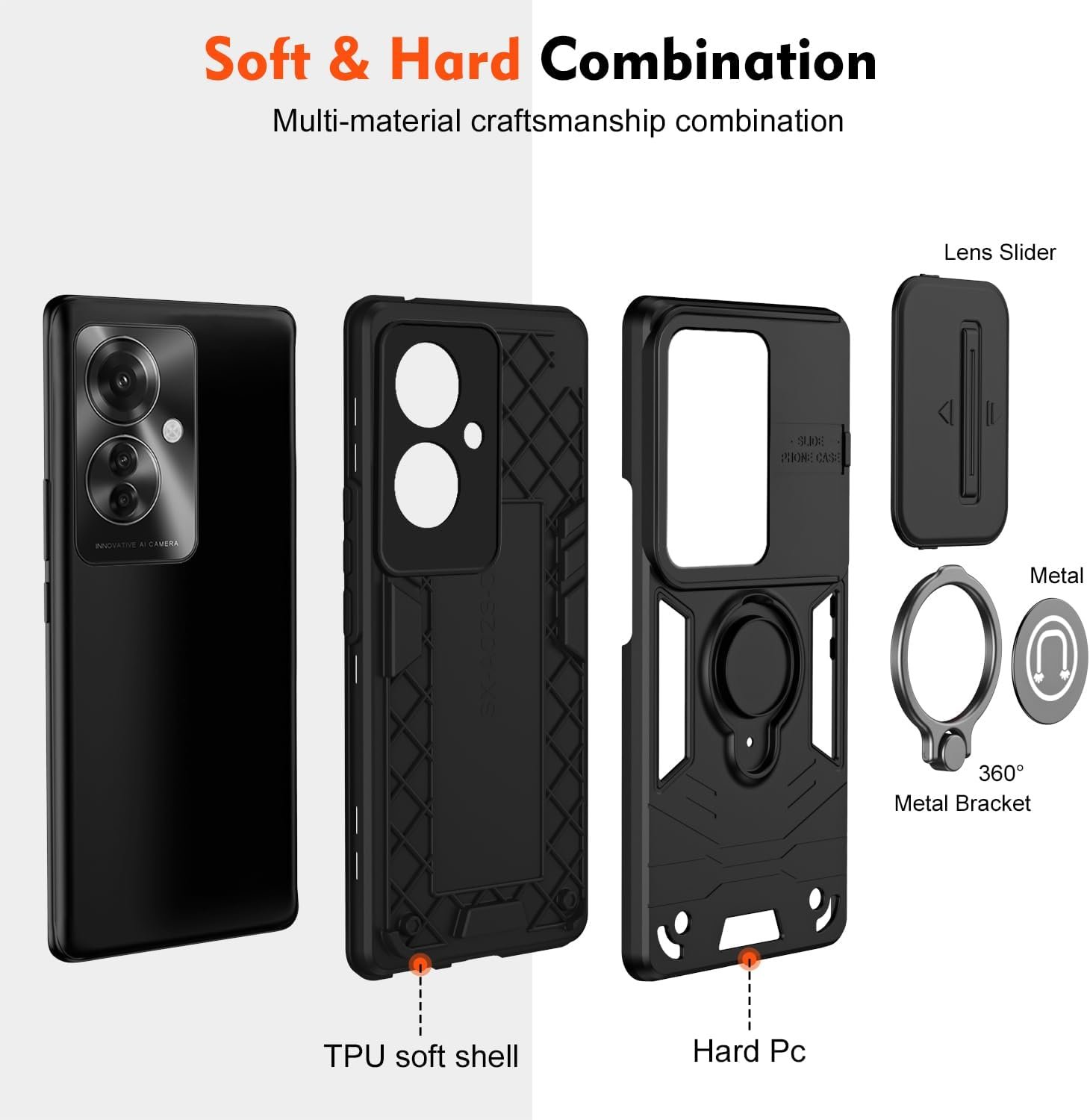 Compatible with 11 F 5G / F25 Pro 5G Bracket Shell,Camera Lens Protection Kickstand Car Mount 2 in 1 Anti-Fall Phone Case Cover Black
