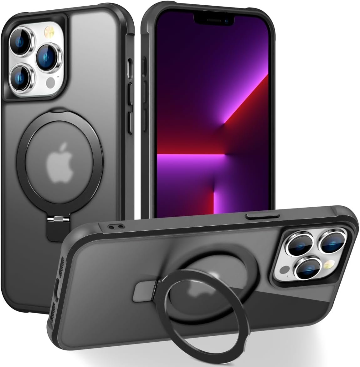 Magnetic Compatible with iPhone 14 Case with Stand [Military Grade Drop Tested][Compatible with Magnet] Ring Translucent Slim Hard Back Soft Edge, Rose Red